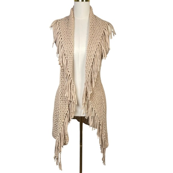 Minnie Rose Sweaters - Minnie Rose Crochet Fringe Cardigan Boho 100% Cotton Vest Size S